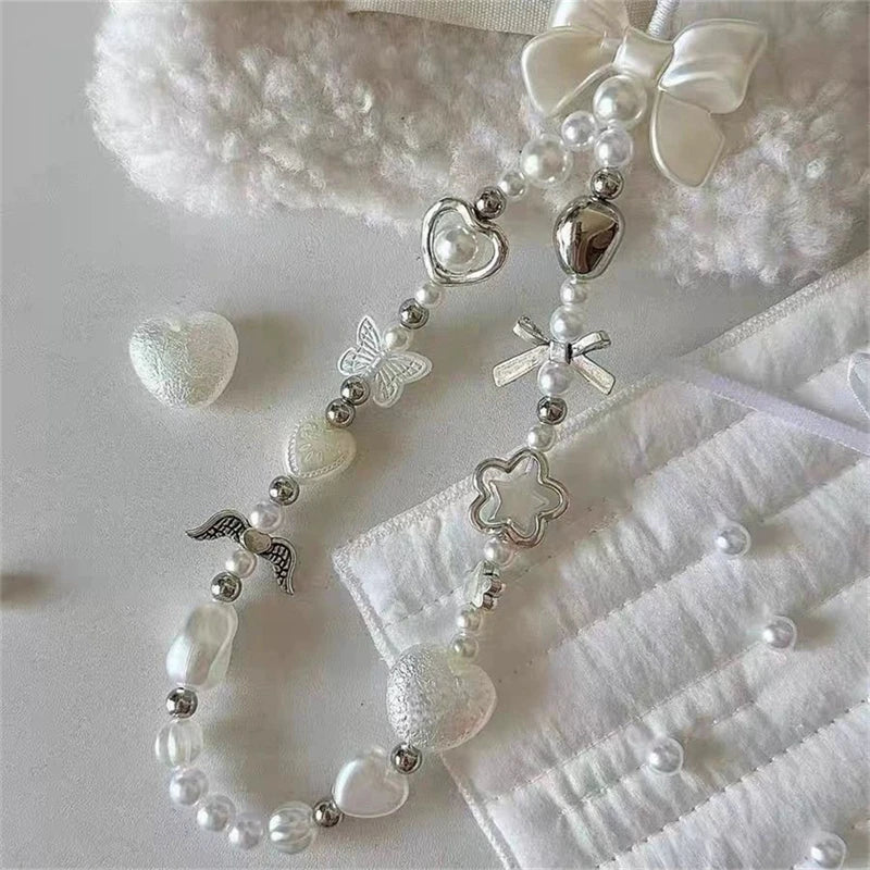 Cute Baroque White Bow Flower Charm Beaded Phone Strap Charm Chain