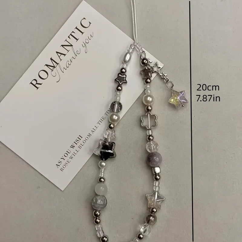 Silver Star Pearl Beaded Pendant Phone Charm Strap Chain