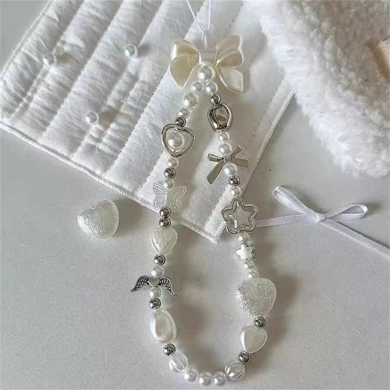 Cute Baroque White Bow Flower Charm Beaded Phone Strap Charm Chain