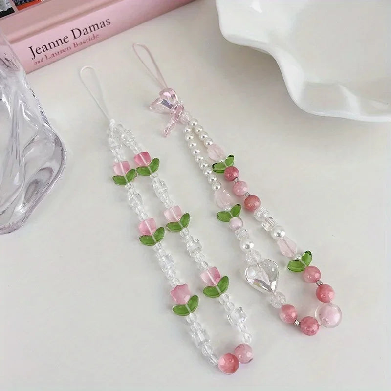 Cute Peach Beaded Mobile Phone Charm Strap Chain