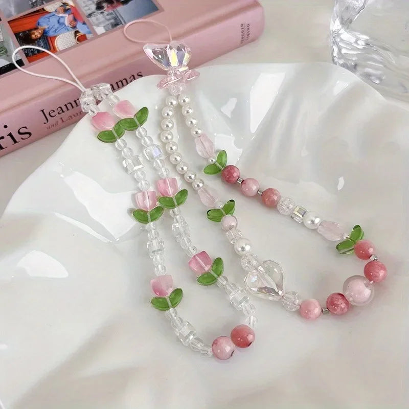 Cute Peach Beaded Mobile Phone Charm Strap Chain