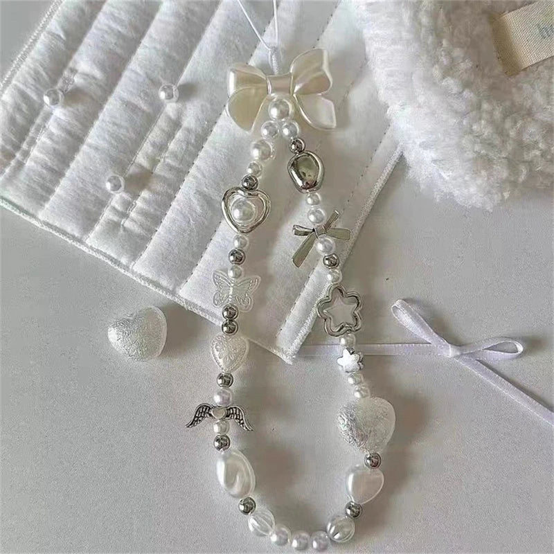 Cute Baroque White Bow Flower Charm Beaded Phone Strap Charm Chain