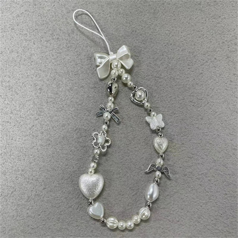 Cute Baroque White Bow Flower Charm Beaded Phone Strap Charm Chain