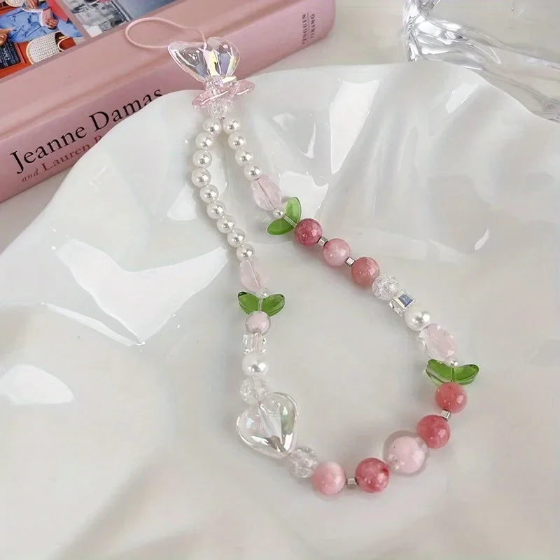 Cute Peach Beaded Mobile Phone Charm Strap Chain