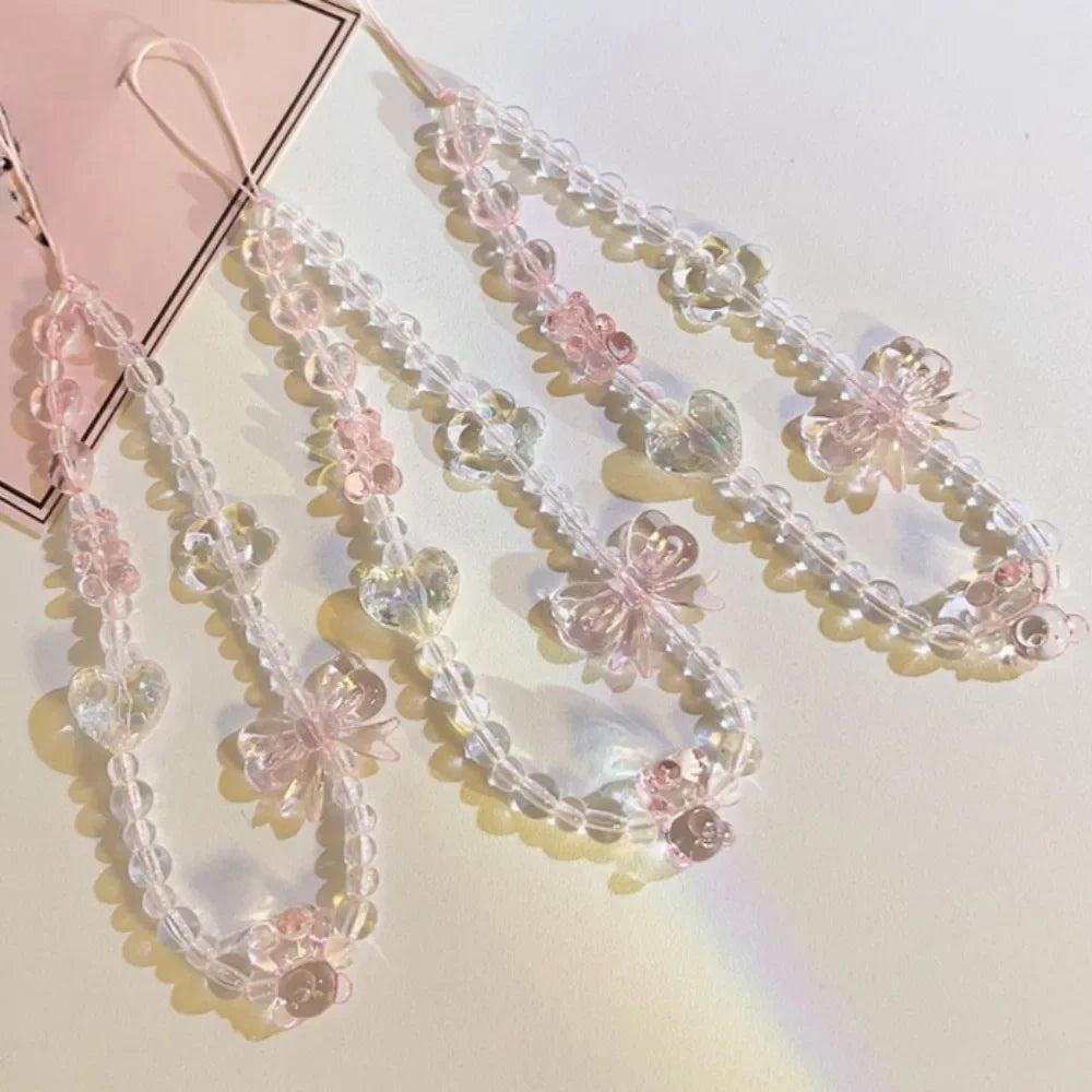Korean Pink Bear Butterfly Flower Phone Charm Strap Chain