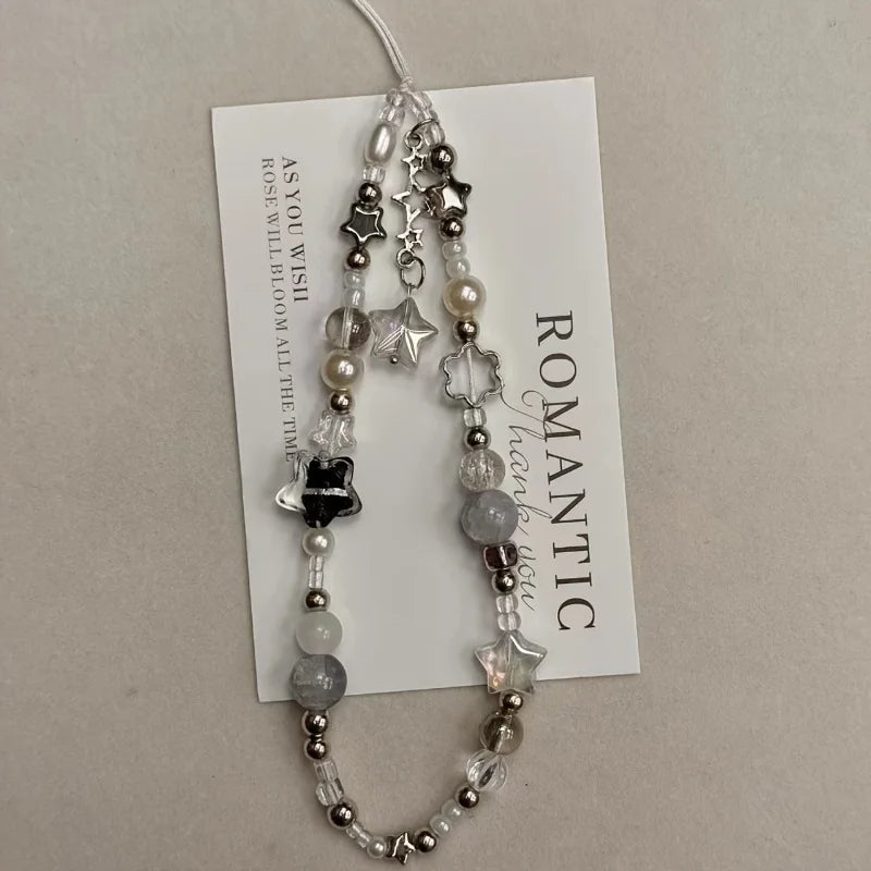Silver Star Pearl Beaded Pendant Phone Charm Strap Chain