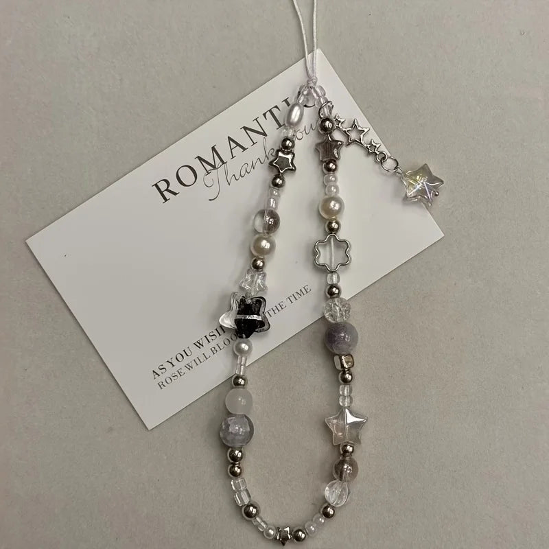 Silver Star Pearl Beaded Pendant Phone Charm Strap Chain