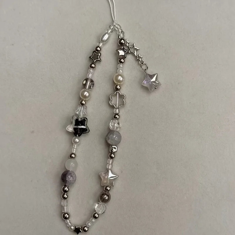 Silver Star Pearl Beaded Pendant Phone Charm Strap Chain