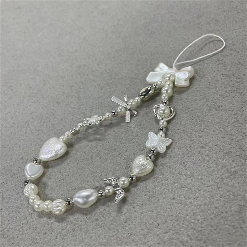 Cute Baroque White Bow Flower Charm Beaded Phone Strap Charm Chain