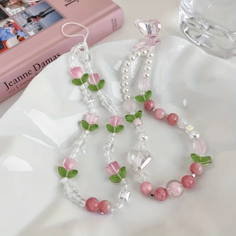Cute Peach Beaded Mobile Phone Charm Strap Chain