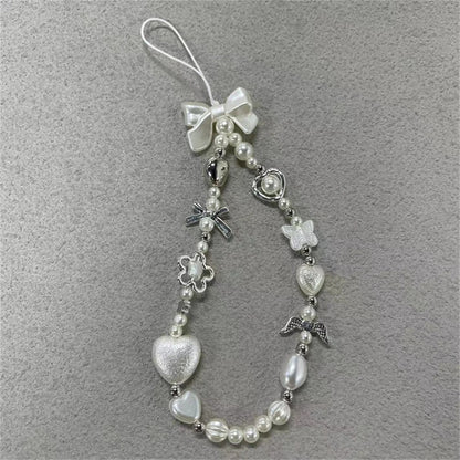 Cute Baroque White Bow Flower Charm Beaded Phone Strap Charm Chain