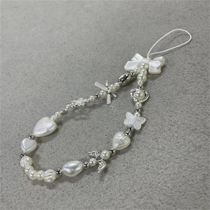 Cute Baroque White Bow Flower Charm Beaded Phone Strap Charm Chain