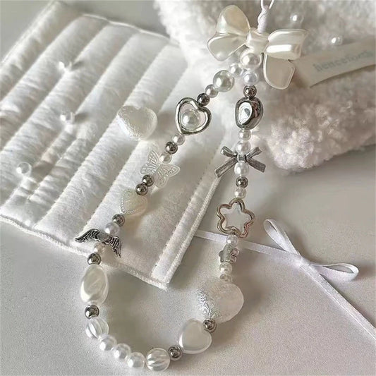 Cute Baroque White Bow Flower Charm Beaded Phone Strap Charm Chain